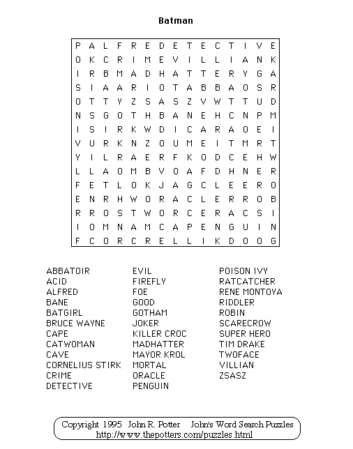 John s Word Search Puzzles Batman