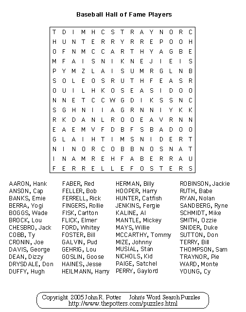 John s Word Search Puzzles Baseball Hall Of Fame Players