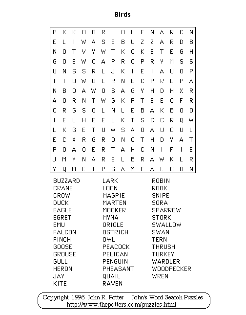 John s Word Search Puzzles Birds