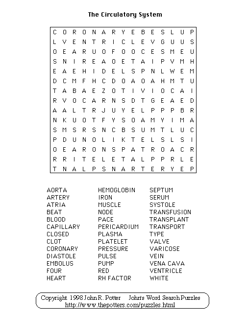 John s Word Search Puzzles Circulatory System