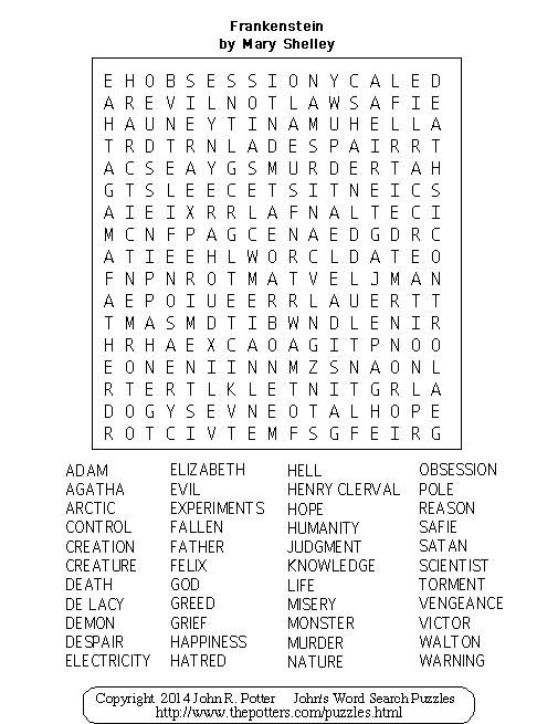 John s Word Search Puzzles Frankenstein