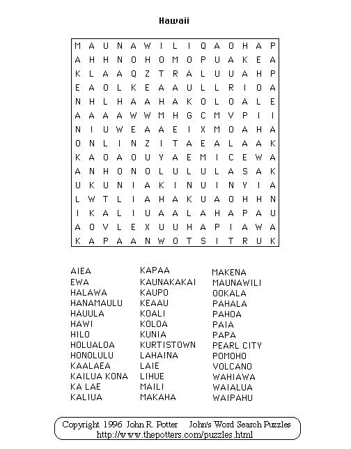 John s Word Search Puzzles Hawaii