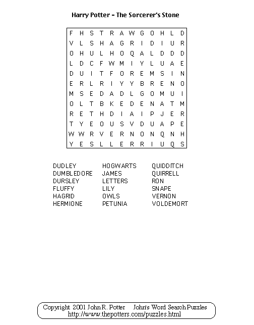 John s Word Search Puzzles Kids Harry Potter