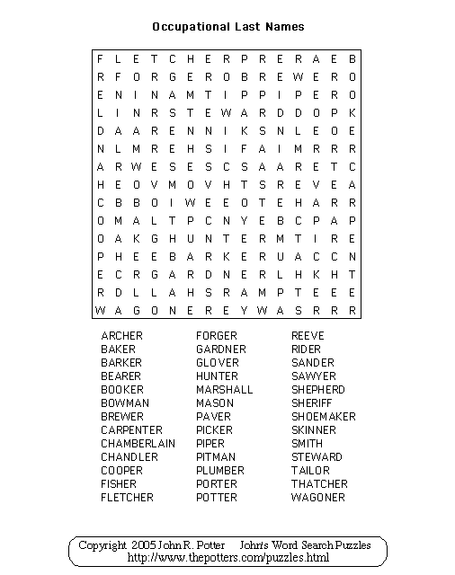 John s Word Search Puzzles Occupational Last Names