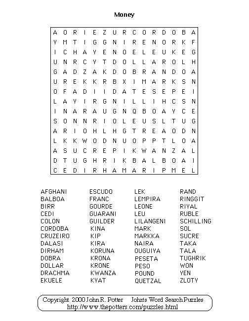 John s Word Search Puzzles Money