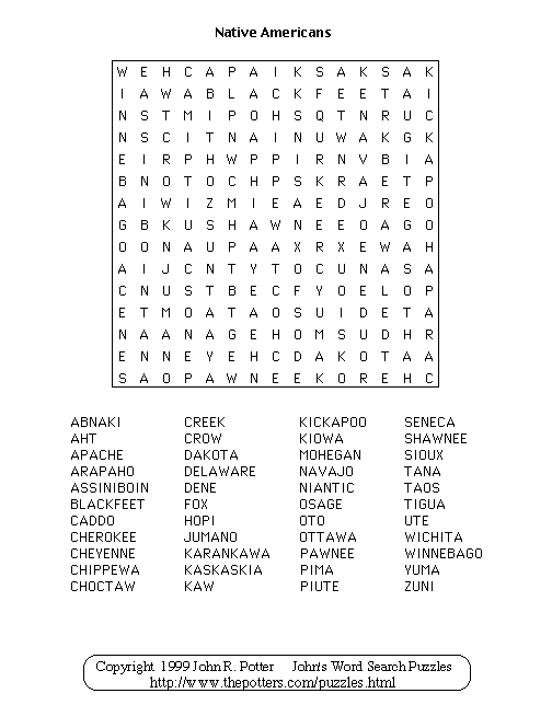 John s Word Search Puzzles Native Americans