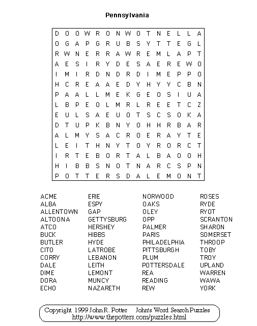 John s Word Search Puzzles Pennsylvania